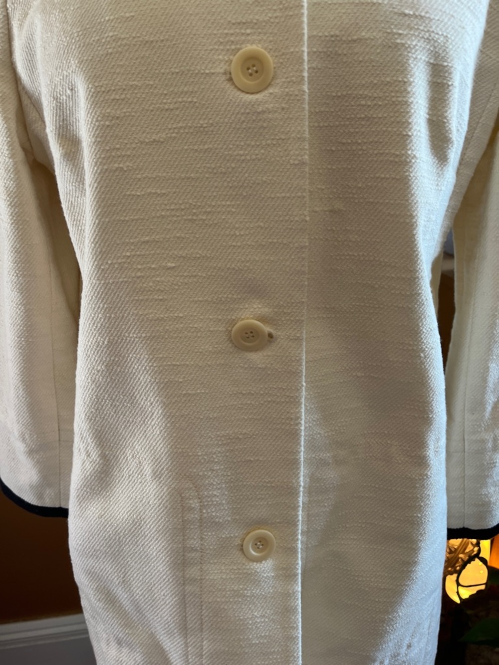 Talbots collarless textured Ivory Coat/Duster w/ Black Trim & pockets Size 14 - Picture 6 of 17